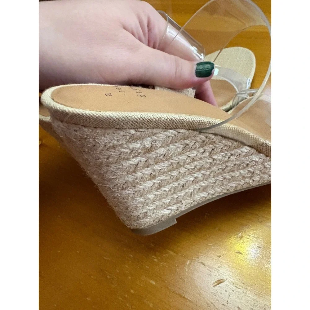 A New Day Hattie Natural Wedge Sandals Clear Double Strap Espadrille Mules 8